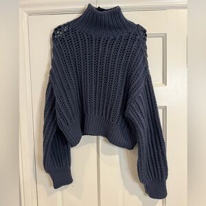 Brunello Cucinelli Chunky Navy Open-Weave Cropped Turtleneck Cashmere Sweater